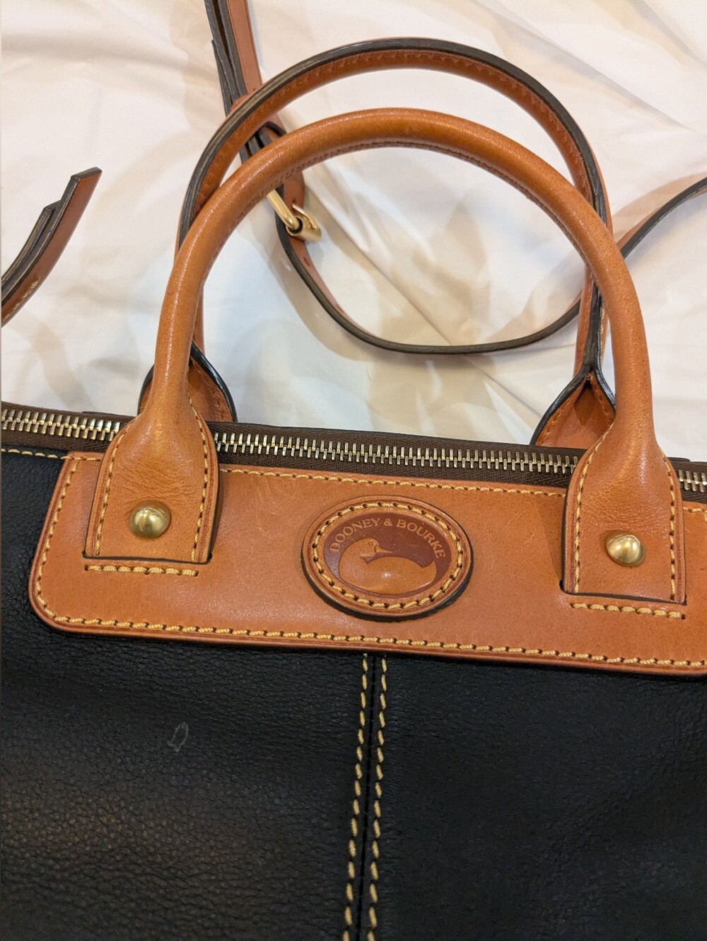 Dooney & Bourke Black Leather Zip-Top Tote with Tan Trim - Picture 3 of 15